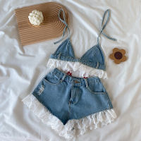 Lolita Girls Blue Denim Lace Two Piece Set y Women Bustier Camis Crop Top High Waist Shorts Outfits y Femenino 2 Piece Set