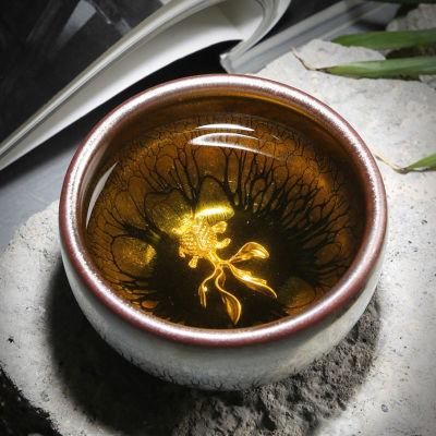 Jianzhan ถ้วยชาเซรามิก Tenmoku เคลือบทองทองฝังเงินมังกรถ้วยน้ำชาเม็ดสีกังฟูชาชามเม็ดสีชุดน้ำชา