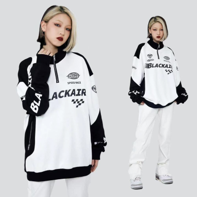 American retro stitching half zipper stand collar jacket womens Y2K street hip-hop loose long-sleeved racing suit couple models