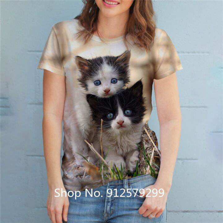 เสื้อยืดผู้หญิงแฟชั่นฮาราจูกุพิมพ์ลายแมวสัตว์เสื้อคอกลมแขนสั้นเสื้อยืดลำลองฤดูร้อน
