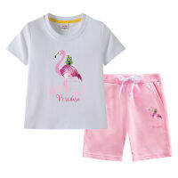 Flamingo Flam เสื้อยืดแขนสั้นเด็ก2ชิ้น,เด็กหญิงเด็กชายผ้าฝ้ายบางลำลองฤดูร้อน