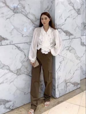 P015-060 PIMNADACLOSET - Collar Long Puff Sleeve Button Down And Long High Waist 2 Side Pockets Pants Set