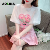 AOLINA เสื้อแขนสั้นผ้าชีฟองปักลายดอกไม้สามมิติสำหรับผู้หญิงดีไซน์ใหม่สำหรับฤดูร้อน2023ใหม่