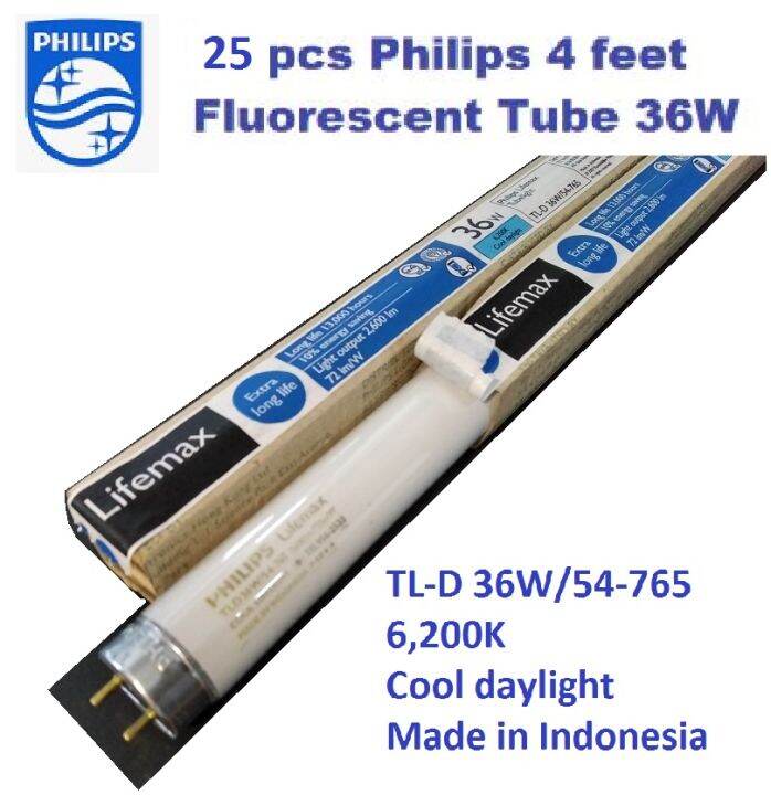 25PCS PHILIPS 36W 4FT LIFEMAX FLUORESCENT TUBE 6200K COOL DAYLIGHT