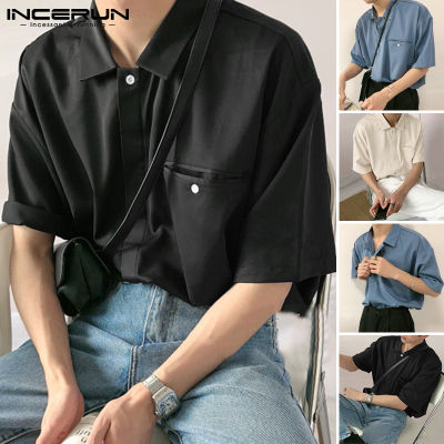 INCERUN Men Casual Simple Retro Style Short Sleeve Lapel Button Up Shirt