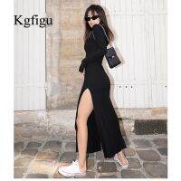 【Ladies shop】 KGFIGULong แขน Bodycon RibbedSexy ด้านข้างคอสูงถักผอม Vestidos ที่มีคุณภาพสูง