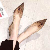 CODiy085671 Pointed transparent middle heel womens Rhinestone BLING half slipper thin heel shoes