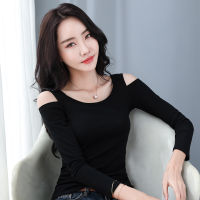 Female Tops T Shirt Women  Fashion Off Shoulder Top Long Sleeve Women T-shirt O-neck Black T Shirt Women Clothes Tshirt C887