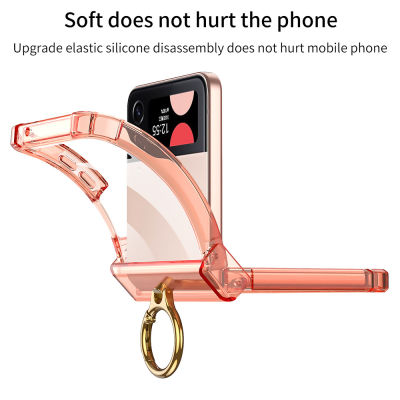 เคสโทรศัพท์พับได้เหมาะสำหรับ Samsung Z Flip4ถุงลมนิรภัยเคสโทรศัพท์สีทึบหัวเข็มขัดแหวนใส่นิ้วกันการชนเพลาหมุนแบบเต็มเคสโทรศัพท์แพคเกจ