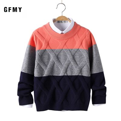 GFMY 2019 Autumn Winter Fashion O-Collar Three-Color Stitching Sweater For Boys Warm wool 5-14 year Coat Kids Sweaters