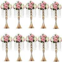 10 Pcs Wedding Centerpieces Vase for Tables, 54cm Tall Metal Gold Vases with Crystal Bead Chain for Wedding, Artificial