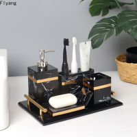 Resin Bathroom Set Five Piece Set Tray Toothbrush Holder Tissue Box Dispenser Marble Texture Golden Stroke Toiletries Organizer