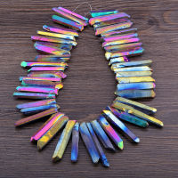 15" Titanium Natural Crystal healing quartz Irregular Column Rainbow Reflective Crystal Stone Beads stick charm Pendant For DIY