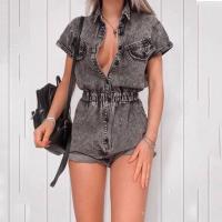 2020 Summer Denim Short Jumpsuit Women Lapel Zipper Pockets Elastic Waist Retro Romper Palysuits Solid Overall Ladies England