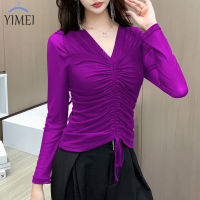 YIMEI เสื้อยืดแขนยาวคอวีตาข่ายสำหรับผู้หญิง,2023ใหม่เชือกรูดเสื้อด้านหลังแฟชั่นจีบสีม่วง