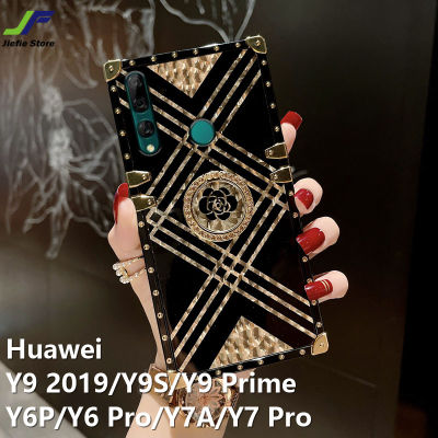JieFie สำหรับ Huawei Y9 2019 / Y9S / Y9 Prime / Y7A / Y6P / Y7 Pro / Y6 Pro Electroplated สแควร์เคสโทรศัพท์ดีไซน์ใหม่ Bling ลายสก๊อตฝาครอบโทรศัพท์ลายการ์ตูนน่ารัก + ผู้ถือแหวน