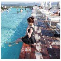 Skirt Style Swimsuit Women Korean Halter Bowknot Bikini Conservative Cover Belly Hot Spring Digging Holes Back Straps Gathering Black Ruler Tape