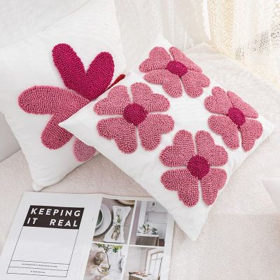 Pink Flower Embroidery Cushion Cover Love Heart Pillow Cover 45x45cm/ 30x50cm Home Pillowcase Bohemian for Bed Living Room Decoration Sofa Pillowcase For Wedding Valentines Day