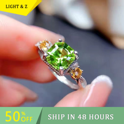 LIGHT &amp; Z ใหม่2กะรัตแหวนสตรี925เงินสเตอร์ลิงชุบเจ้าหญิงสแควร์เพชร Zircon สีเขียว Peridot เปิดแหวน