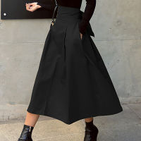 shintimes Skirts Womens Korean Fashion Solid Color Big Swing Ladies Skirt Long Skirt  Autumn Wild High Waist Bow Slim Skirts