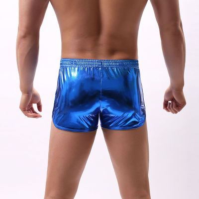 Plus Size Sexy Men Boxers Open Crotch Faux Leather Lingerie Stage Pouch Patent Leather Boxers Shorts Underwear Gymnastic Suit