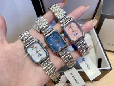 Armani นาฬิกาผู้หญิง,นาฬิกาควอตซ์สเตนเลสสตีลสีเงินคุณภาพสูงนาฬิกาหน้าปัดสี่เหลี่ยมหรูหราสำหรับผู้หญิง