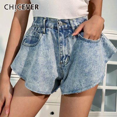 CHICEVER Denim Shorts For Female High Waist Pockets Sexy Ruffles Wide Leg Short Womens Solid Trousers 2021 Summer Clothes