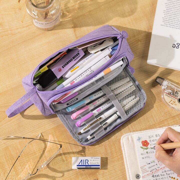 child-stationary-pen-pencil-storage-bag-pen-bag-multi-layer-large-capacity-cosmetic-travel-storage-bag-simple-plaid-pencil-case