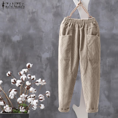 ZANZEAกางเกงเอวสูงยืดได้สำหรับผู้หญิง,กางเกงขายาวผ้าลูกฟูกสไตล์เรียบง่ายขาตรง