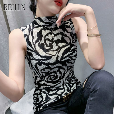 REHIN เข้ารูปพอดีเสื้อยืดแขนกุดครึ่งคอสูงของผู้หญิงพิมพ์ลายทางแฟชั่นยอดนิยมเสื้อสตรีแบบบาง