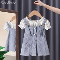 Girls Suit Summer New 2022 Korean Childrens Short Sleeve Two-Piece Cotton Denim Skirt Set