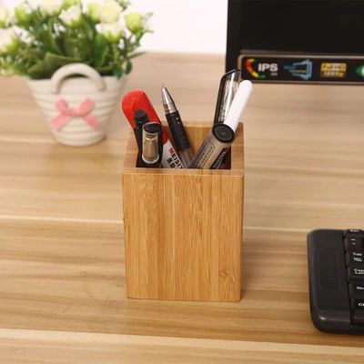 H8WA Bamboo Pen Pencil Holder Makeup Brush Storage Office Stationery Square Organizer