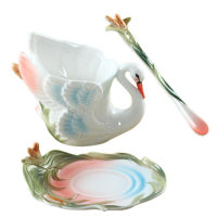 High-grade White Swan Animal Enamel coffee Mug And Dish Creative Handmade Porcelain Drink Tea Milk Mug And Saucer Spoon Set