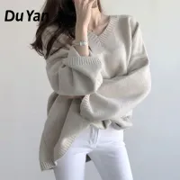 [Du Yan Korean sweater Korean V-neck sweater minimalist silk blouse Soft fur sweater Oversiz sweater Simple solid color design, modern fashion. Soft and comfortable fabric,Du Yan Sweaters & Cardigans for women，Korean version of the V-neck pullover loose white bottoming sweater autumn and winter lazy wind outside wearing black sweater women,]