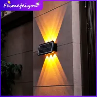 ไฟ LED โคมไฟติดผนังพลังงานแสงอาทิตย์กันน้ำสีสดใสมากกลางแจ้งอัตโนมัติสำหรับสวน,ไฟประดับรั้ว LED พลังงานแสงอาทิตย์ส่องสว่างขึ้นและลงแบบชาร์จไฟได้สำหรับทางเดินในสวนสนามหญ้า
