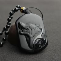 DC 1Strand Nature Stone Pendant Carving Obsidian Wolf Head Collar Hombre Necklaces Cool and Powerful Pendants for Men Gift