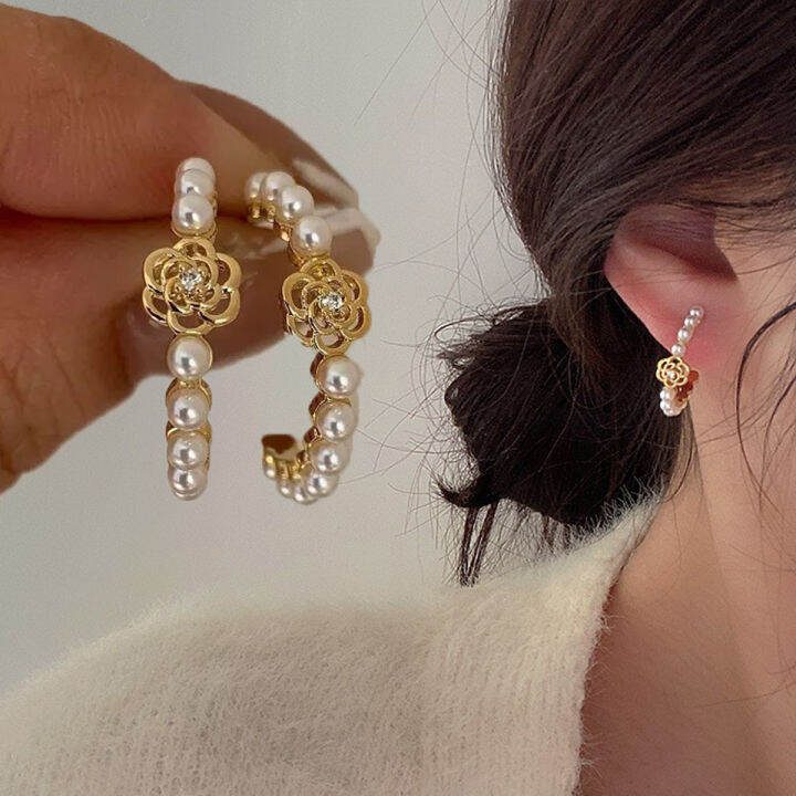 Camellia Pearl Hoop Earrings French Light Luxury Fashion HighEnd Stud