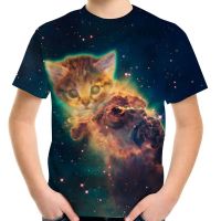 [Tsdopn34gpt]    4-13 y boy girl summer fashion 3D T-shape colorless universe Galaxy cat printed child T shirt kids tshirt tee Ops