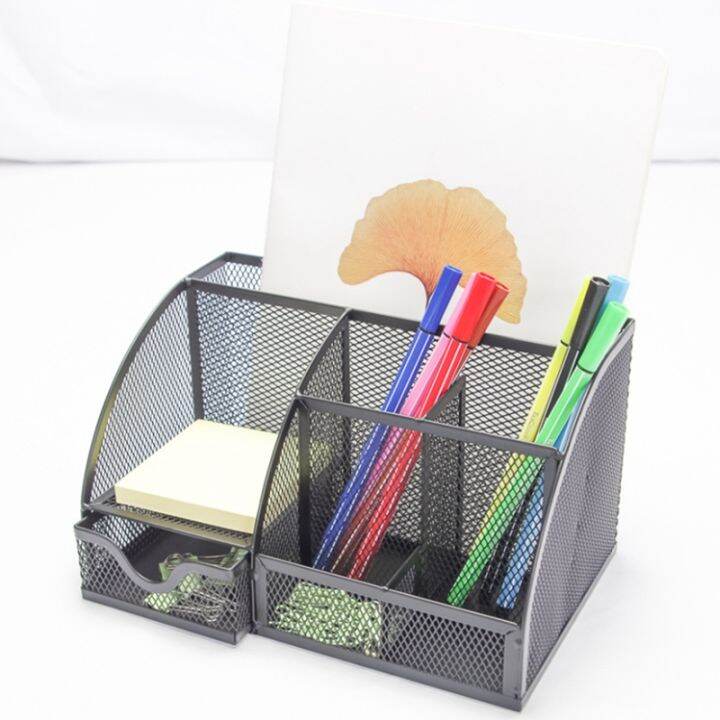 mesh-desk-organizer-pen-holder-accessories-storage-caddy-with-6-compartments-and-drawer-office-supplies-gift-1-pcs