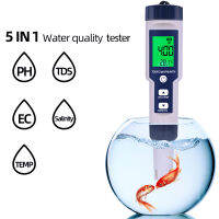 5 In 1 Water Quality Tester Digital Meter เครื่องวิเคราะห์คุณภาพน้ำเครื่องตรวจจับ Ph/tds/ec/ อุณหภูมิ /Salinity การทดสอบ IP67 Water Resistance Backlight จอแสดงผล