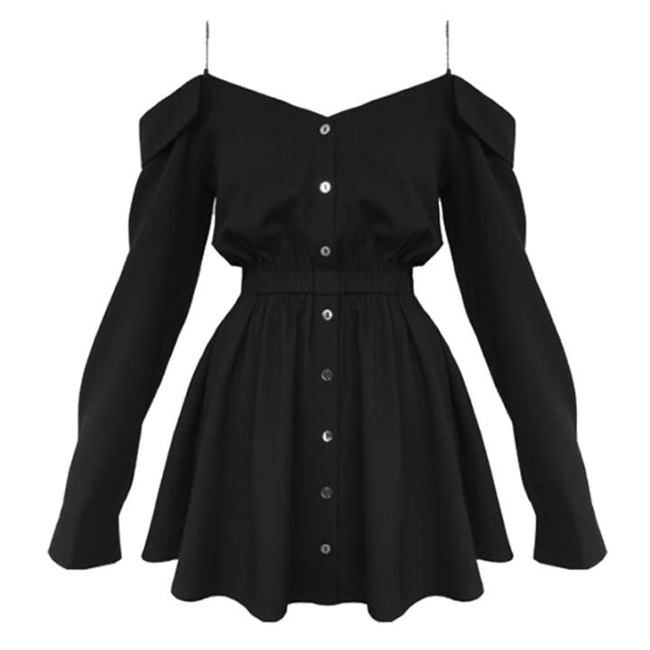 2021Harajuku Gothic Shirt Dresses Black Button Y2K Robe Off Shoulder Women Sling Streetwear Long Sleeve A Line Grunge Punk Dress