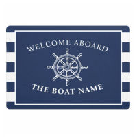 Nautical Wheel Anchor Personalised Welcome Aboard Door Mat Boat Name Navy Blue Striped Doormat Rug Carpet Non Slip Home Decor