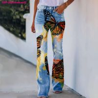 Asdsadsaaff Calças De Cintura Alta Corte Botas Angustiado Queimado Estampa Denim กางเกงยีนส์ลายดอกไม้ Falças Roupas Vintage