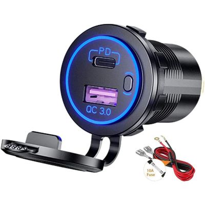8X PD Type C USB Car Charger and QC 3.0 Quick Charger 12V Power Outlet Socket with ON/Off Switch Blue