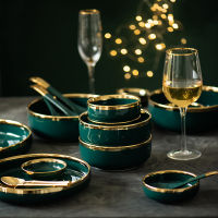 Nordic Luxury Emerald--Rimmed Dish Dishes Set Dinner Set Plates And Dishes Household Dish Deep Dish Ceramic Cutlery