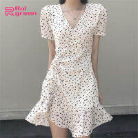 Rui green Early Spring Sweet Floral Dress Women Irregular Drawstring V-neck Short-sleeved Slim Skirt