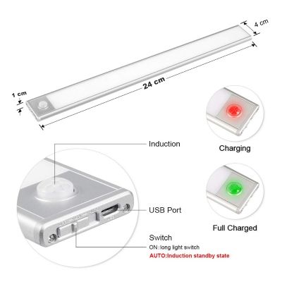 Ultra Thin LED Kitchen USB Cabinet Light 15/24/40/60cm Rechargeable PIR Motion Sensor Closet Wardrobe Lamp Aluminum Night Light