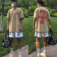 MAYCHEER   เสื้อกันหนาวแบบสวมหัวทรงหลวมแขนสั้นผ้าฝ้ายพิมพ์ลายอักษรย่อสำหรับผู้ชาย