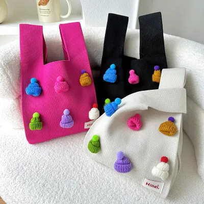 Portable Cross-body Bag Fashion Shoulder Tote Knitted Handbag Women Mobile Phone Bag Stereo Cap Decoration Handbag