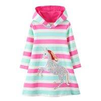 Jumping Meters New Arrival Fashion Children Dresses Cotton Princess Girls Dress with Hooded Unicorn Beading Hot Selling Dress  by Hs2023